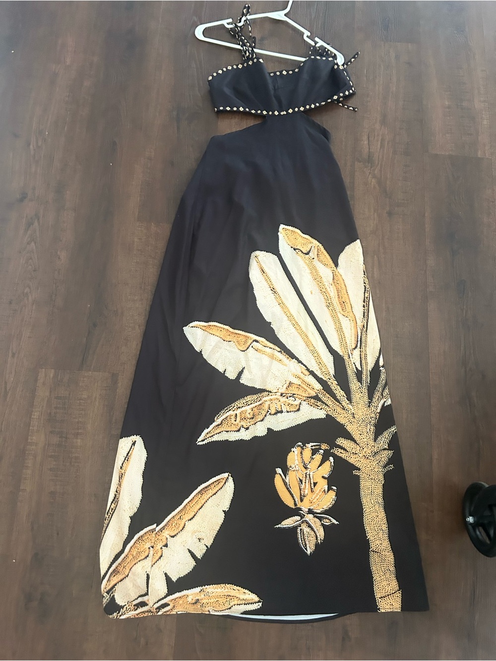 SHEIN Black Maxi dress with Gold Tropical Print